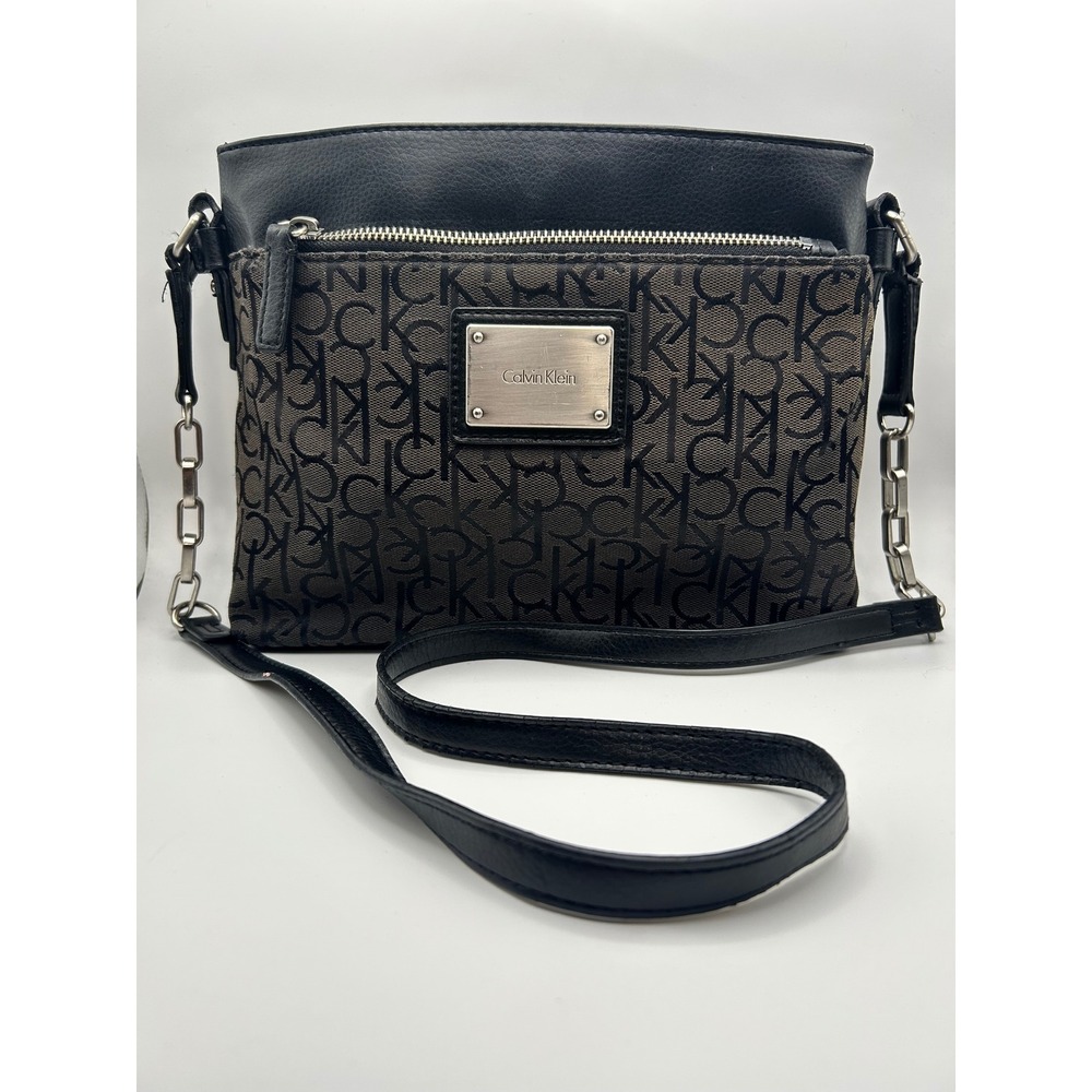 Calvin Klein Monogram Crossbody Bag Black Brown Logo Jacquard Purse